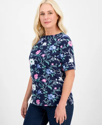 Style & Co Women's Printed Boat-neck Elbow-sleeve Top, Exclusively At Macy's In Blue