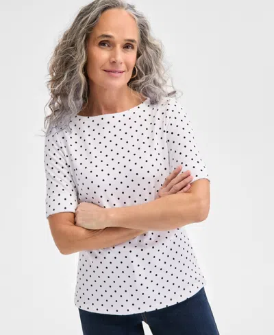 Style & Co Women's Printed Boat-neck Elbow-sleeve Top, Exclusively At Macy's In Bright White Combo