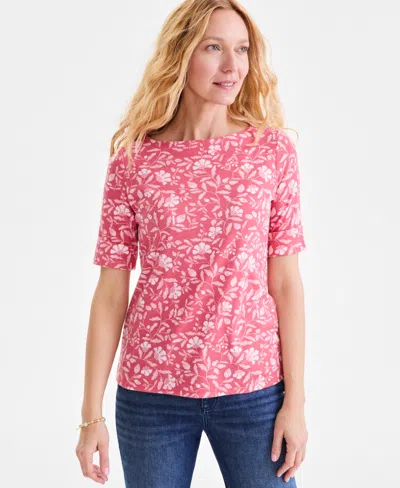 Style & Co Women's Printed Boat-neck Elbow-sleeve Top, Exclusively At Macy's In Floral Coral