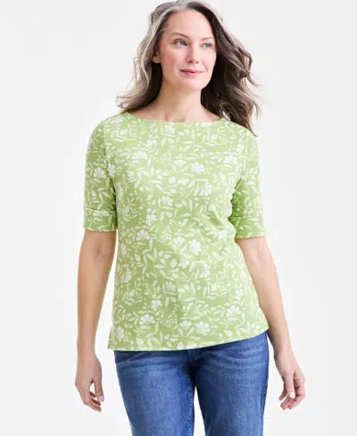 Style & Co Women's Printed Boat-neck Elbow-sleeve Top, Exclusively At Macy's In Floral Green