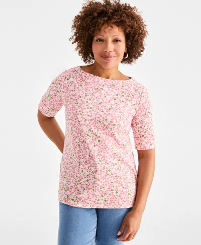 Style & Co Women's Printed Boat-neck Elbow-sleeve Top, Exclusively At Macy's In Pink Wildflower