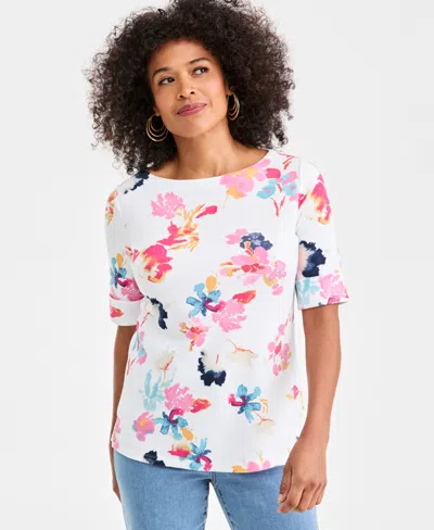 Style & Co Women's Printed Boat-neck Elbow Sleeve Top, Exclusively At Macy's In White