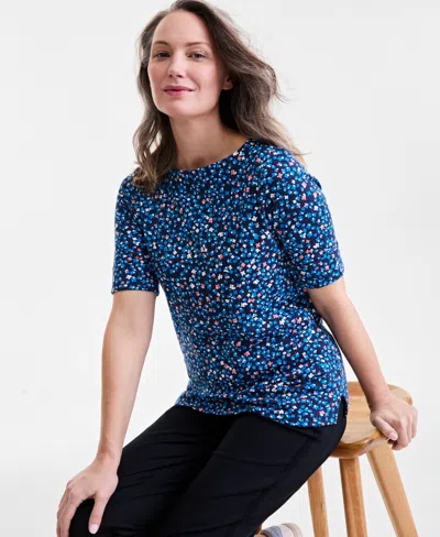 Style & Co Women's Printed Boat-neck Elbow-sleeve Top, Exclusively At Macy's In Wildflower Blue