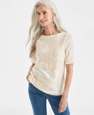 Style & Co Women's Printed Boat-neck Elbow-sleeve Top, Macy's Exclusive In Neutral