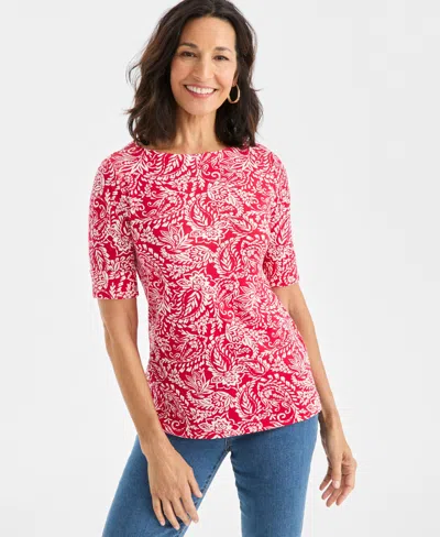 Style & Co Women's Printed Boat-neck Elbow-sleeve Top, Macy's Exclusive In Red