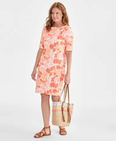 Style & Co Women's Printed Boat-neck Knit Dress, Created For Macy's In Orange Floral
