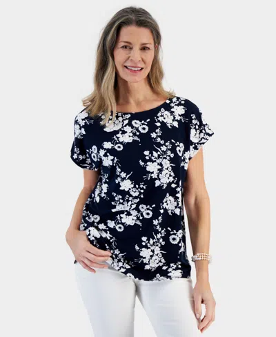Style & Co Women's Printed Boat-neck Mixed Media Top, Created For Macy's In Indigo Floral