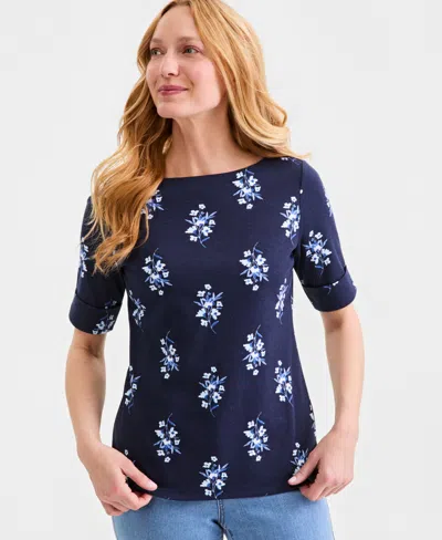 Style & Co Women's Printed Boat-neck Elbow-sleeve Top, Macy's Exclusive In Blue