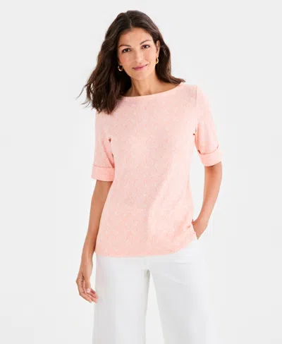 Style & Co Women's Printed Boat-neck Elbow-sleeve Top, Macy's Exclusive In Pink