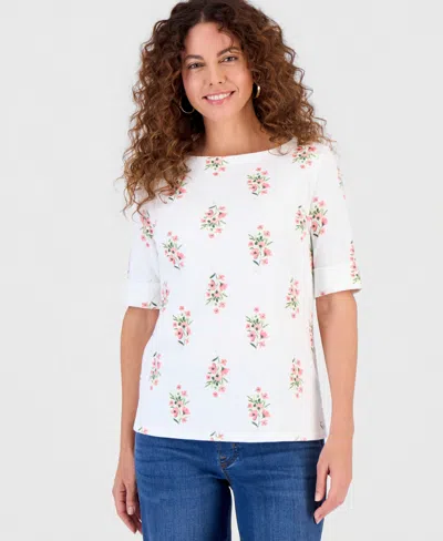 Style & Co Women's Printed Boat-neck Elbow-sleeve Top, Macy's Exclusive In White
