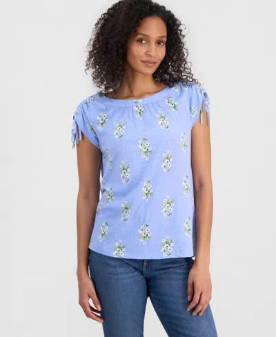Style & Co Women's Printed Boat-neck Ruched-sleeve Top, Macy's Exclusive In Blue