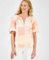 Style & Co Women's Printed Bubble-sleeve V-neck Blouse, Exclusively At Macy's