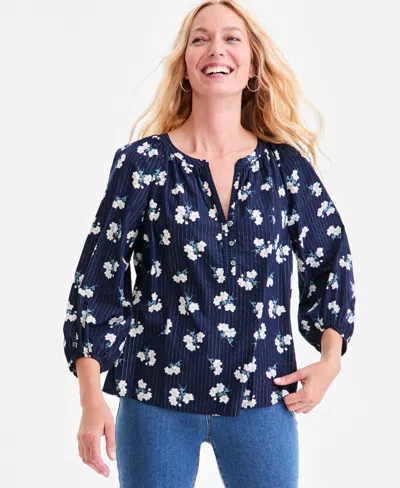 Style & Co Women's Printed Button-front Raglan-sleeve Lurex Top, Macy's Exclusive In Blue
