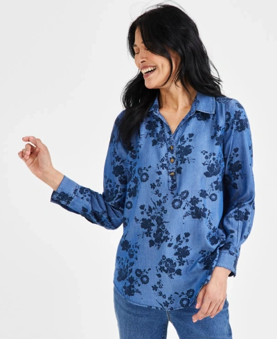 Style & Co Women's Printed Chambray Popover Shirt, Created For Macy's In Floral Chambray