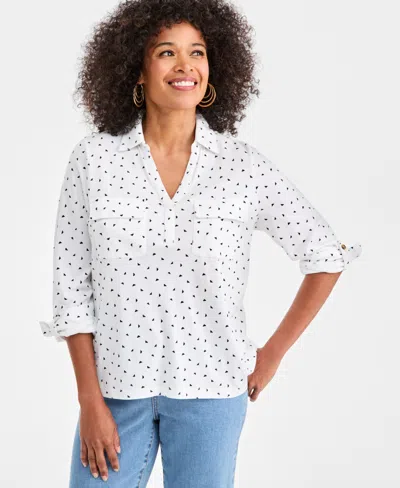 STYLE & CO WOMEN'S PRINTED COLLARED KNIT ROLL-SLEEVE TOP, MACY'S EXCLUSIVE