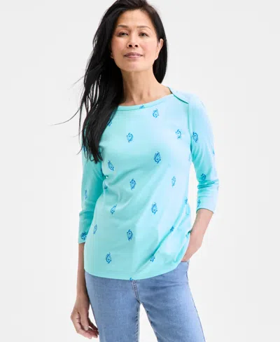 Style & Co Women's Printed Cotton 3/4-sleeve Top, Exclusively At Macy's