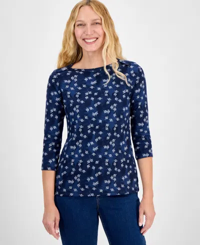 Style & Co Women's Printed Cotton 3/4-sleeve Top, Exclusively At Macy's In Blue