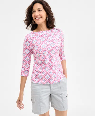 Style & Co Women's Printed Cotton 3/4-sleeve Top, Exclusively At Macy's