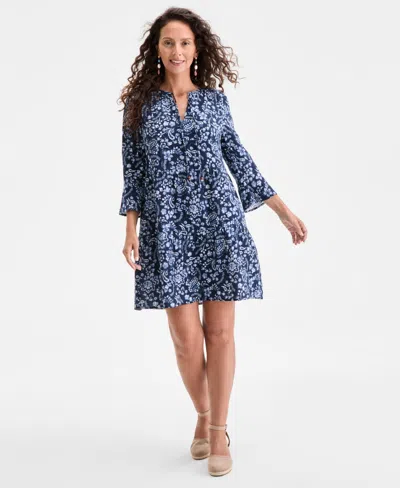 Style & Co Women's Printed Cotton Gauze 3/4-sleeve Tiered Dress, Exclusively At Macy's