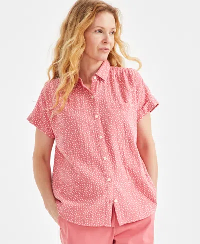 Style & Co Women's Printed Cotton Gauze Button-front Shirt, Exclusively At Macy's In Heart Coral Pink