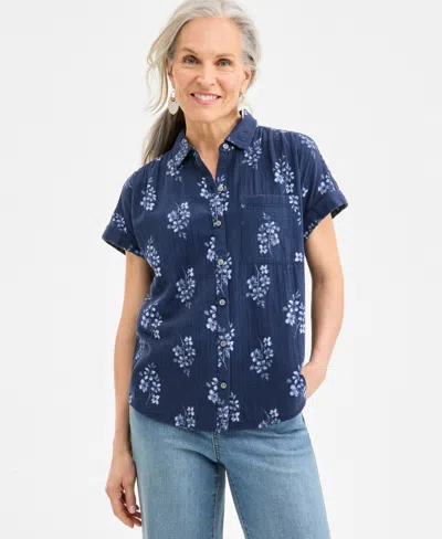 Style & Co Women's Printed Cotton Gauze Camp Shirt, Exclusively At Macy's In Blue