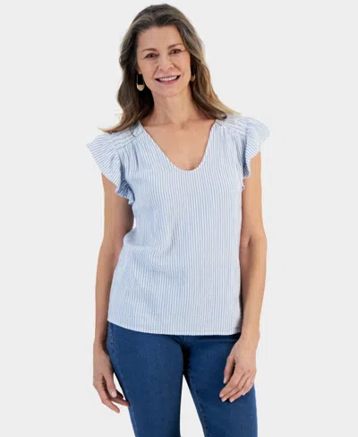 Style & Co Women's Printed Cotton Gauze Flutter Sleeve Top, Created For Macy's In Blue Stripe