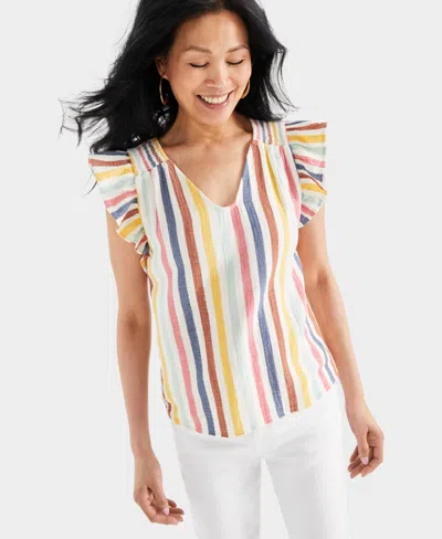 Style & Co Women's Printed Cotton Gauze Flutter Sleeve Top, Created For Macy's In Multi Stripe