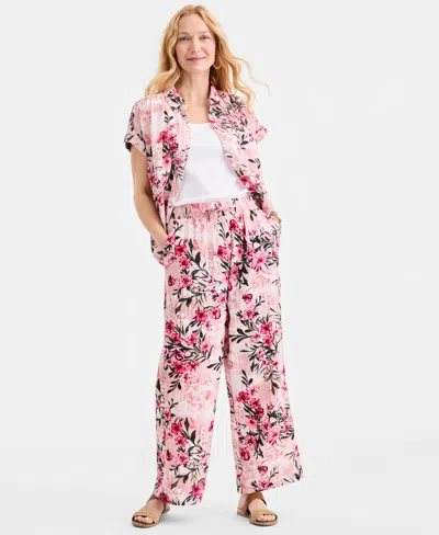 Style & Co Women's Printed Cotton Gauze Straight-leg Pull-on Pants, Macy's Exclusive In Pink