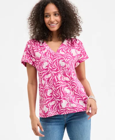 Style & Co Women's Printed Cotton Gauze V-neck Short-sleeve Top, Exclusively At Macy's In Milo Bright Pink