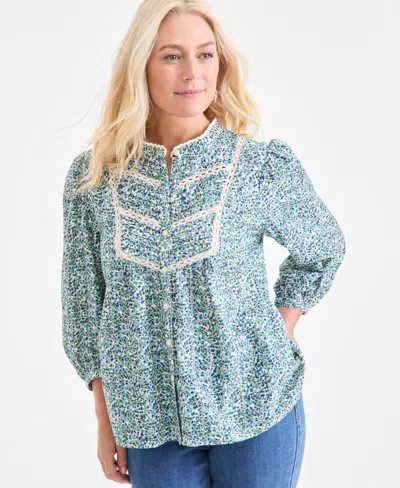 Style & Co Women's Printed Cotton Lace-trim Blouse, Macy's Exclusive In Blue