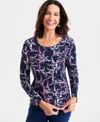 Style & Co Women's Printed Cotton Long-sleeve Scoop-neck Top, Created For Macy's In Blue
