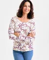 Style & Co Women's Printed Cotton Long-sleeve Scoop-neck Top, Created For Macy's In Brown