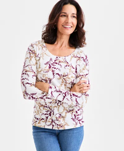 Style & Co Women's Printed Cotton Long-sleeve Scoop-neck Top, Created For Macy's In Brown