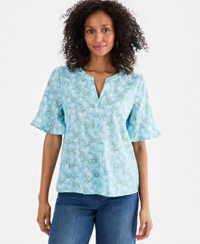 Style & Co Women's Printed Cotton Split-neck Popover Top, Macy's Exclusive In Blue