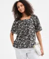 Style & Co Women's Printed Cotton Square-neck Top, Exclusively At Macy's In Black Floral