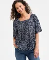 Style & Co Women's Printed Cotton Square-neck Top, Exclusively At Macy's In Fauna Navy