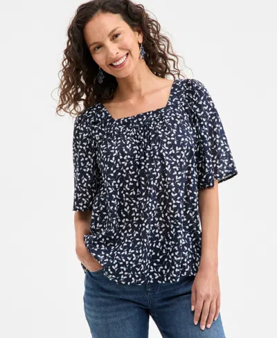 Style & Co Women's Printed Cotton Square-neck Top, Exclusively At Macy's In Fauna Navy