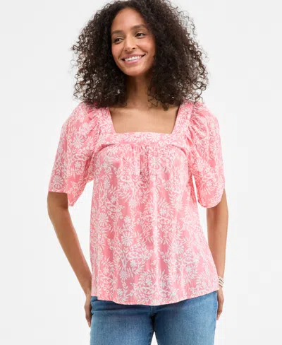 Style & Co Women's Printed Cotton Square-neck Top, Exclusively At Macy's In Pink Floral