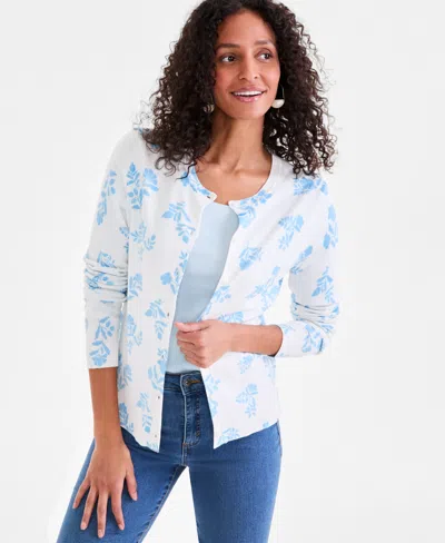 Style & Co Women's Printed Crewneck Button-front Cardigan, Exclusively At Macy's In Floral Blue