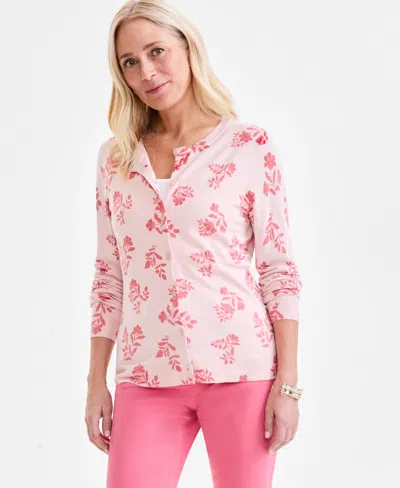 Style & Co Women's Printed Crewneck Button-front Cardigan, Exclusively At Macy's In Floral Pink