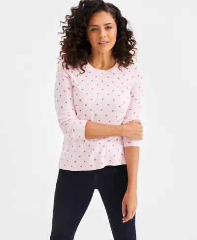 Style & Co Women's Printed Crewneck Long-sleeve Sweater, Exclusively At Macy's In Heart Dusty Pink