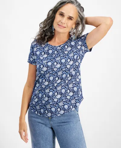 Style & Co Women's Printed Crewneck Short-sleeve Tee, Created For Macy's In Blossom Blue