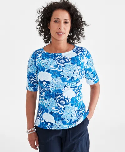 Style & Co Women's Printed Elbow-sleeve Boat-neck Top, Created For Macy's In Blue Floral