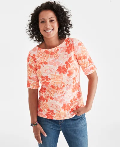 Style & Co Women's Printed Elbow-sleeve Boat-neck Top, Created For Macy's In Orange Floral