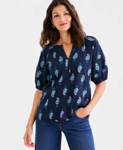Style & Co Style Co Womens Printed Elbow Sleeve Knit Top Macys Exclusive In Blue