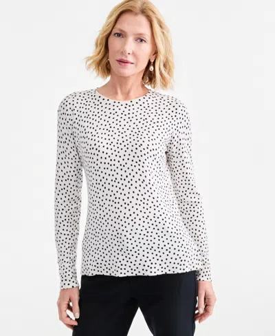 Style & Co Women's Printed Fine Gauge Crewneck Sweater, Macy's Exclusive In White