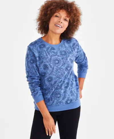 Style & Co Petite Floral-print Crewneck Fleece Sweatshirt, Created For Macy's In Bloom Riverview