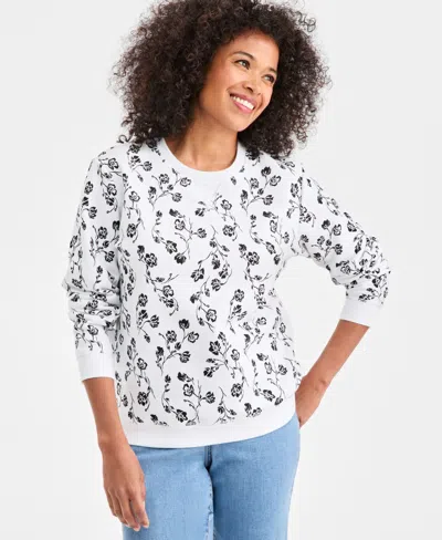 Style & Co Women's Printed Fleece Crewneck Sweatshirt, Macy's Exclusive In White