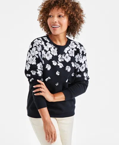 Style & Co Petite Printed Fleece Crewneck Sweatshirt, Created For Macy's In Floral Black