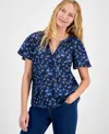 Style & Co Women's Printed Flutter-sleeve Cotton Top, Exclusively At Macy's In Blue